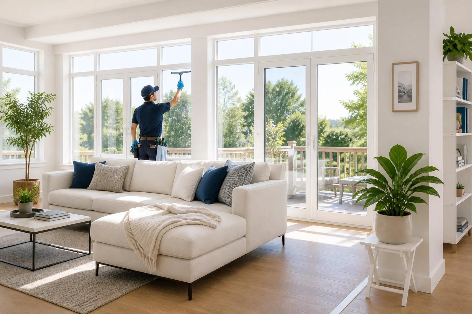 Professional cleaning a sunlit living room window with a squeegee