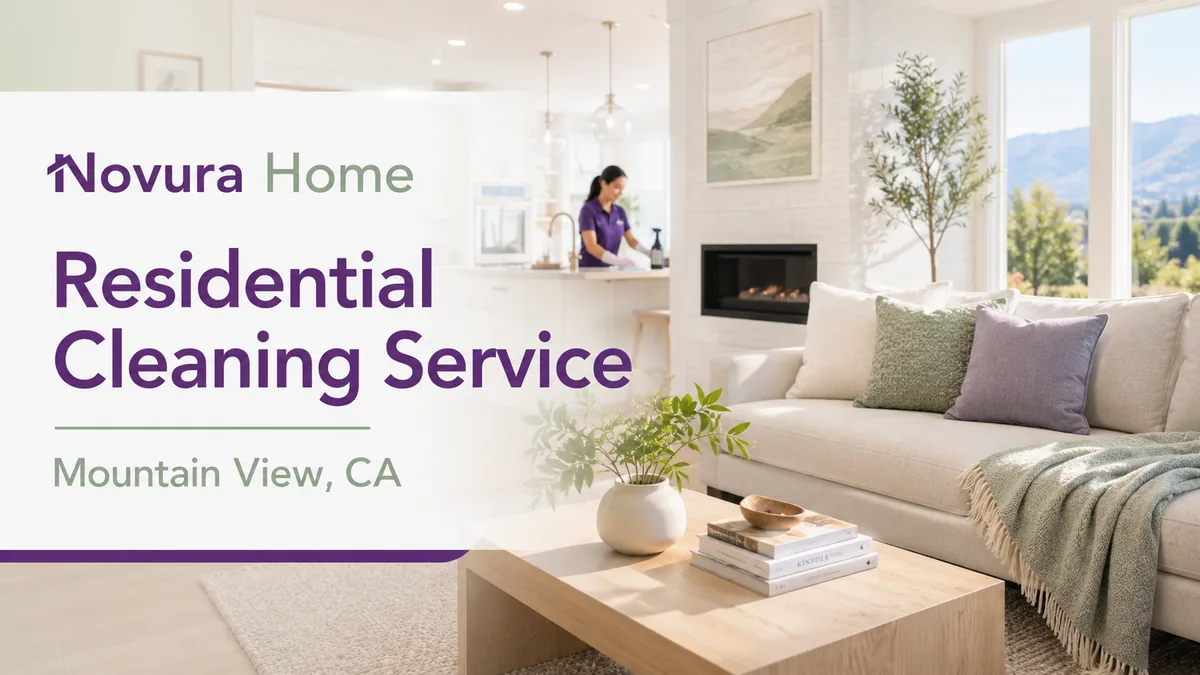 Novura Home cleaner tidying a bright Mountain View living room and kitchen